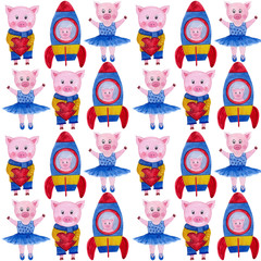 seamless watercolor Christmas pattern with the symbol of the year: pig.  for fabric, packaging paper, design and decoration