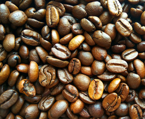Roasted brown coffee beans texture background. Top view close up pattern photography