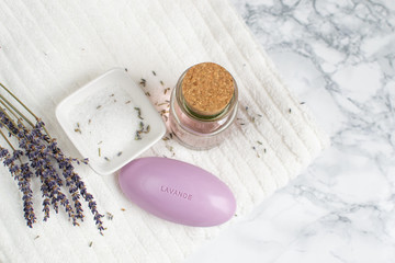 Lavender Soap with Text Lavande Natural Ingredients for Homemade Body Salt Scrub Oil Beauty Concept