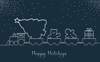 Fototapeta na wymiar Happy Holidays line art vector. Cute train with Christmas tree, toys and gifts.