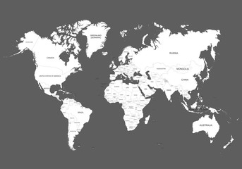 World Map Outline Contour Silhouette. Сountry names in English.  Vector illustration isolated on gray background. Asia in center.