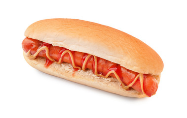 Tasty hot dog on white background
