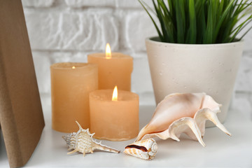 Seashells and burning candles on shelf