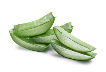 Slices of aloe vera on white background