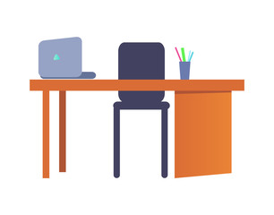 Empty Workplace with Table, Plastic Chair, Laptop