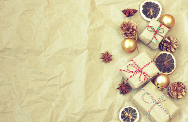 Fototapeta na wymiar Christmas vintage border, gift box, golden balls, anise