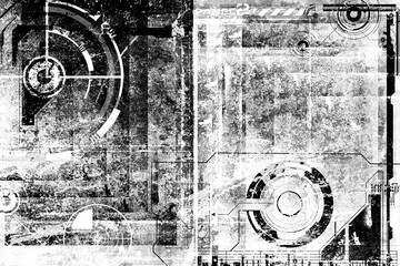 Abstract grunge futuristic cyber technology background. Sci-fi circuit design. Blueprint on old grungy surface. Futuristic technology design. Cyber punk backdrop