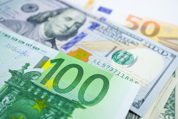 US dollar and Euro banknotes background : Banking Account, Investment Analytic research data economy, trading, Business company concept.