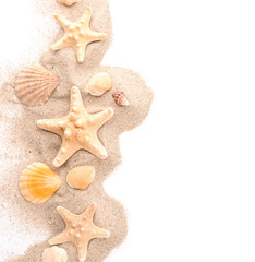 Fototapeta na wymiar Composition with starfish, seashells and sand on white background