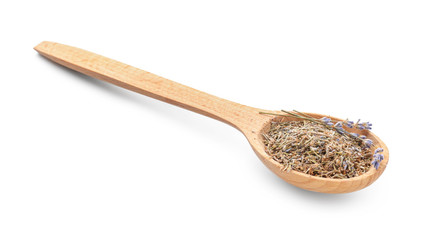 Wooden spoon with dried lavender flowers on white background