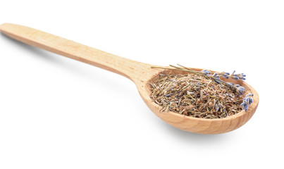 Wooden spoon with dried lavender flowers on white background