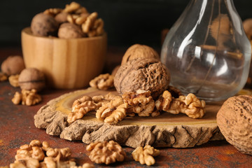 Tasty walnuts on color table