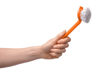 Woman holding brush on white background