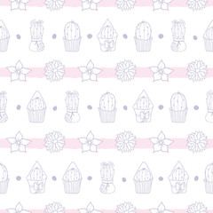 Fototapeta na wymiar Vector pastel purple and pink striped cacti seamless pattern background with flowers and polka dots. Cute girly design is perfect for shirting fabric, wrapping paper, wallpaper, scrapbooking.
