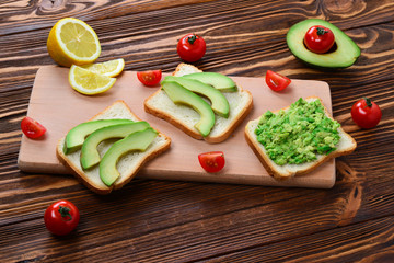 Avocado sandwich on a bread made with fresh sliced avocados from above