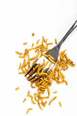 Edible fried insects suitable as food snack with fork white background