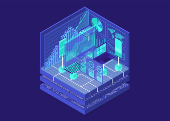 Advanced Analytics isometric vector illustration. Abstract 3D infographic with mobile devices and data dashboards
