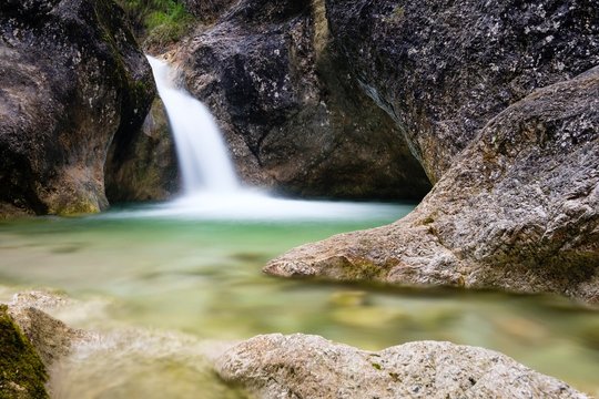 Almbach gorge with waterfall, Marktschellenberg, Berchtesgadener Land, Bavaria, Germany, Europe