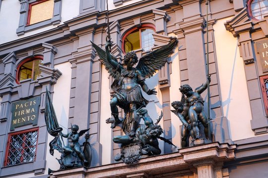 Saint Michaels group at the Zeughaus, Augsburg, Swabia, Bavaria, Germany, Europe