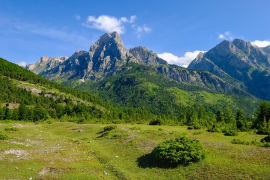 Mountains Maja e Thate and Maja Lugut Ujit, Valbona Valley, Valbona National Park, Albanian Alps, Prokletije, Qar Kukes, Albania, Europe