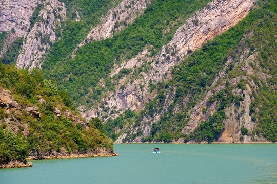 Excursion Boat, Koman Reservoir, Liqeni i Komanit, River Drin, Qark Shkodra, Albania, Europe
