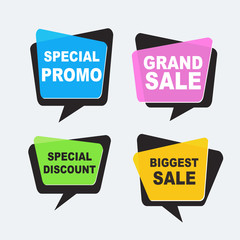 Flat linear promotion ribbon banner, discount, sale, scroll, price tag, sticker, badge, poster.