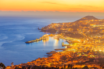 Scene of Funchal capital illuminated at twilight hour, in Madeira, Island - Portugal