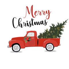 Merry christmas greeting card illustration of vintage red car with xmas pine tree gift on roof. EPS10 vector.