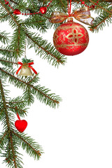 Branches of fir tree with Christmas toys and ornament