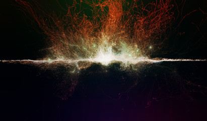 Illustration of fire-colored particles exploding on a horizontal line