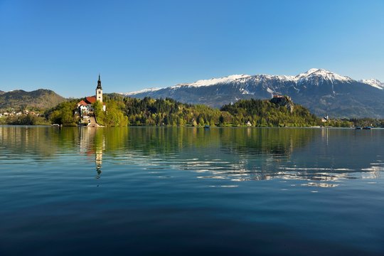 Island Blejski Otok with the St. Mary's Church, Lake Bled, Karawanken, Bled, Slovenia, Europe