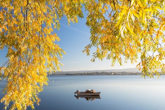 Boat in a calm lake, autumn atmosphere, Lake Constance, Allensbach, Baden-Wurttemberg, Germany, Europe