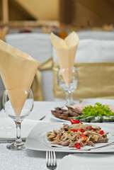 delicious dishes on the table in the restaurant. serving table.