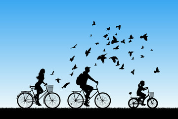 Family on bikes in park. Active rest of parents with child. Vector illustration with silhouettes of cyclists and flying pigeons. Blue pastel background