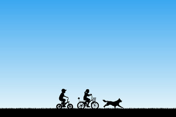 Fototapeta na wymiar Children on bicycles and running dog in park. Vector illustration with silhouettes of boy and girl on bikes. Blue pastel background