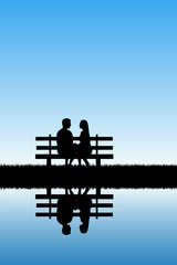 Lovers sitting on bench in park. Vector illustration with silhouette of loving couple. Blue pastel background
