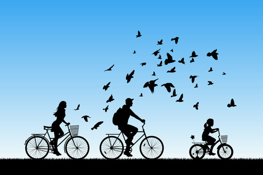 Family On Bikes In Park. Active Rest Of Parents With Child. Vector Illustration With Silhouettes Of Cyclists And Flying Pigeons. Blue Pastel Background