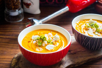 Sweet Potato Soup with Carrot, Pumpkin, Shrimps, Feta Cheese, Parsley and Red Pepper