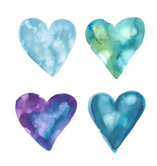 Set of four colorful abstract hearts painted in watercolor on clean white background