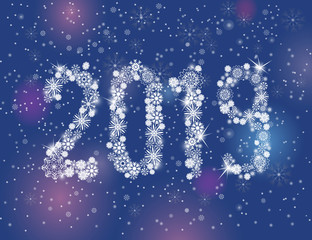 Glittering 2019 New Year from snowflakes on night dark blue background for your holiday design. Vector illustration for universal greeting card