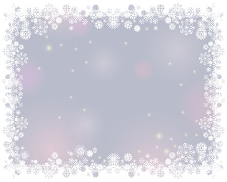 Snow white frame on a blurry light gray background. Abstract winter background for your Merry Christmas and Happy New Year frame design. Vector illustration
