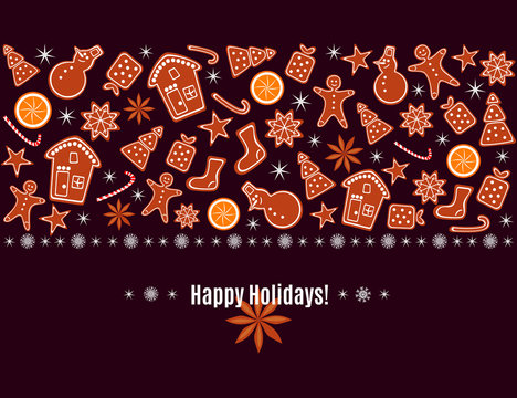 Merry Christmas and Happy New Year greeting card with gingerbread cookies, orange, sparkles and snowflakes border isolated on brown background. Vector illustration for winter holiday design