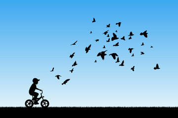 Boy on bike and pigeons in park. Vector illustration with silhouettes of child on bicycle and flocks of birds. Blue pastel background