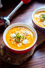 Sweet Potato Soup with Carrot, Pumpkin, Shrimps, Feta Cheese, Parsley and Red Pepper