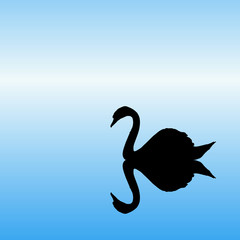 Swan on lake in park. Vector illustration with silhouette of beautiful bird reflected in water. Blue pastel background