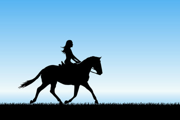 Girl on horse by sea. Vector illustration with silhouette of running horse and female rider. Blue pastel background