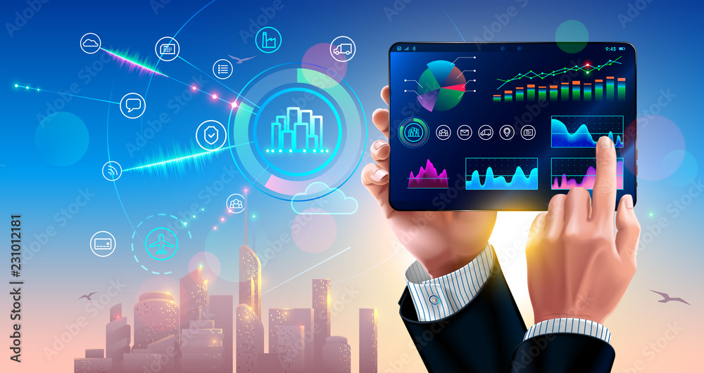 Aufkleber business finance diagram and strategy of sale on screen tablet in hands businessman. interface mobil