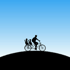 Fototapeta na wymiar Father with children on bicycle in park. Vector illustration with silhouette of family riding bike on hill. Blue pastel background
