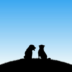 Dog friends in park. Vector illustration with silhouettes of two animals sitting on hill. Blue pastel background