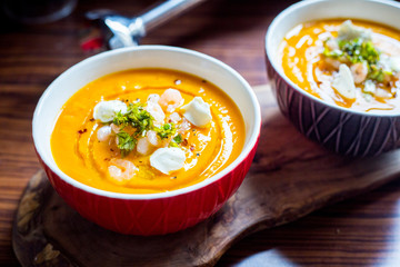 Sweet Potato Soup with Carrot, Pumpkin, Shrimps, Feta Cheese, Parsley and Red Pepper